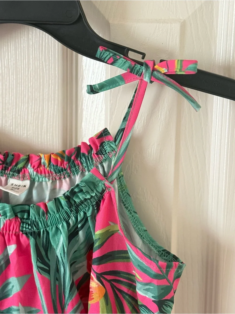 SHEIN Girls Size 8Y Tropical Floral Tiered Sundress Pink Green Tie Strap